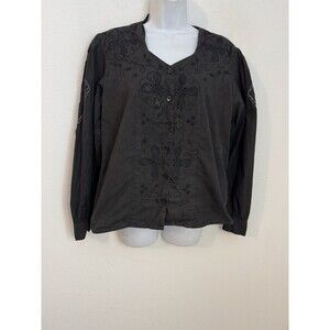 Blue Canyon Western Women Blouse Button Up Embroidered Boho Black Rodeo EUC